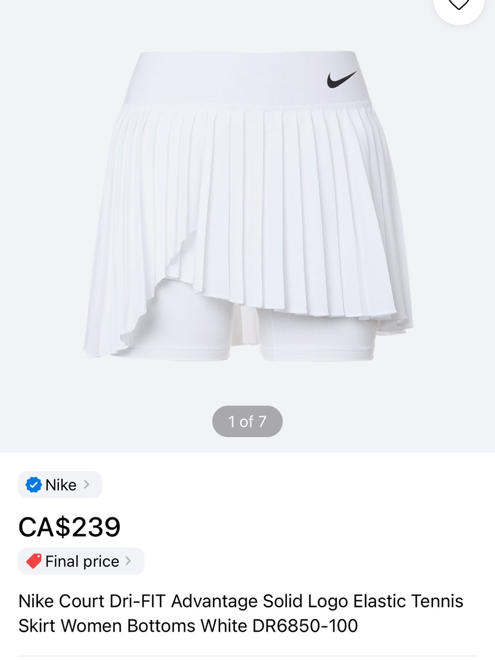 Nike White Pleated Tennis Skort with Integrated Shorts UNWORN